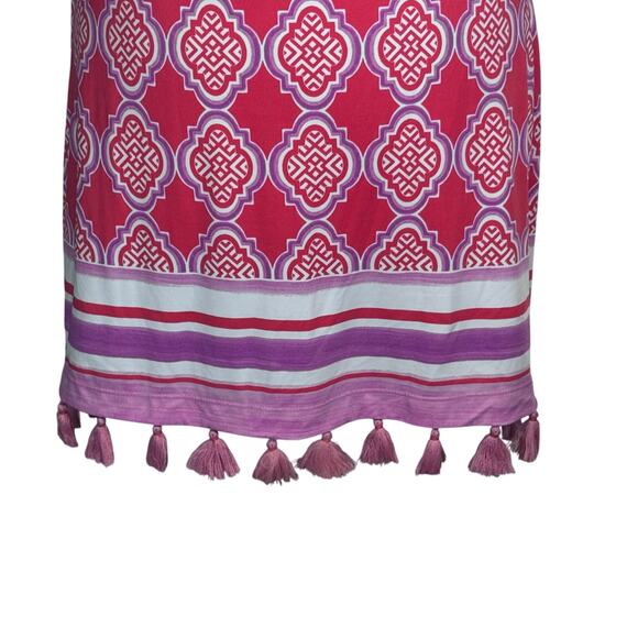 CABANA LIFE Coral Geo Off Shoulder Shift Dress 50SPF Bell Sleeve Tassels Sz M - Picture 10 of 13